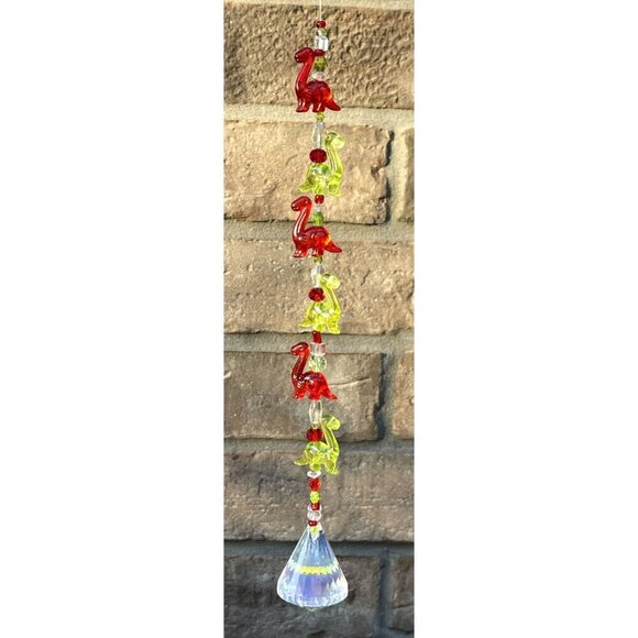 Beaded Dinosaur Christmas Suncatcher Red Green Clear Crystal Prism Hanging Decor - Picture 4 of 7